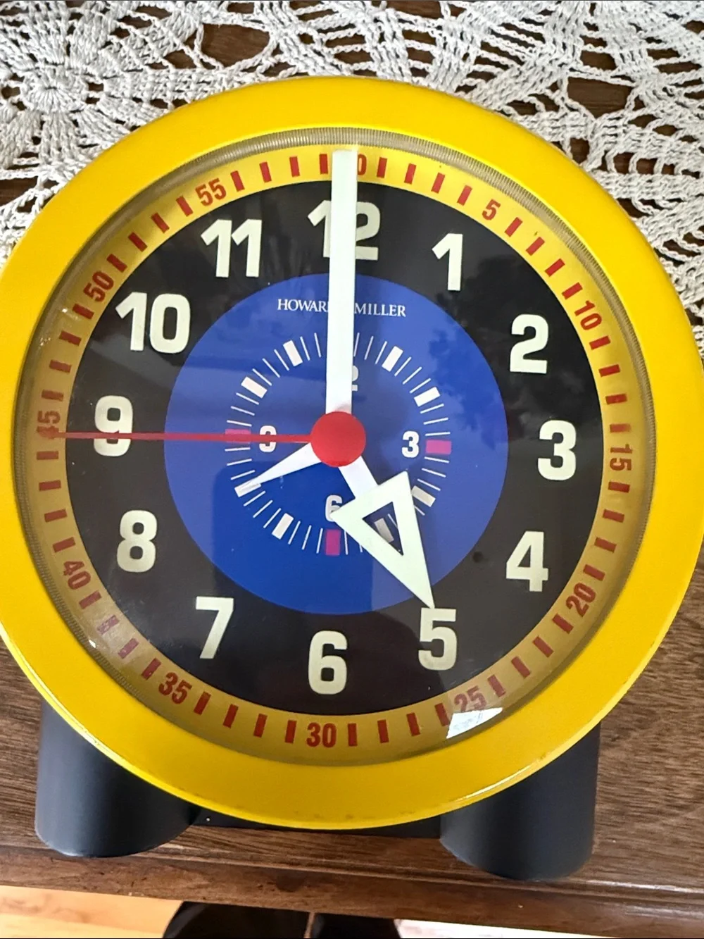 Howard Miller “School Bell” Yellow Retro Manual Clock W/ Blue White Black Dial